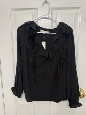 LOFT Black Ruffle V-Neck Tie Long Sleeve Blouse